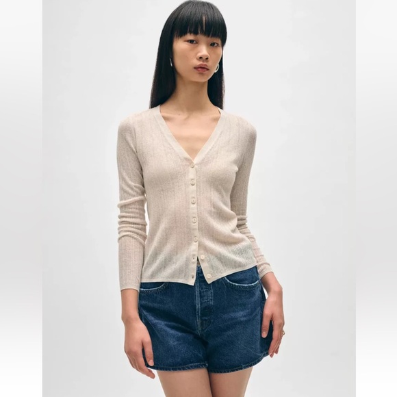 NWT White + Warren Linen Gauze Verigated Ribbed Cardi Top in Oatmeal Heather - Picture 1 of 13